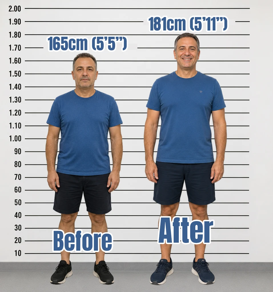 Before-and-after height comparison illustrating a limb lengthening outcome — the same model at 165 cm pre-op and 181 cm post-op against a centimeter measurement chart, an illustrative composite rather than a real patient.